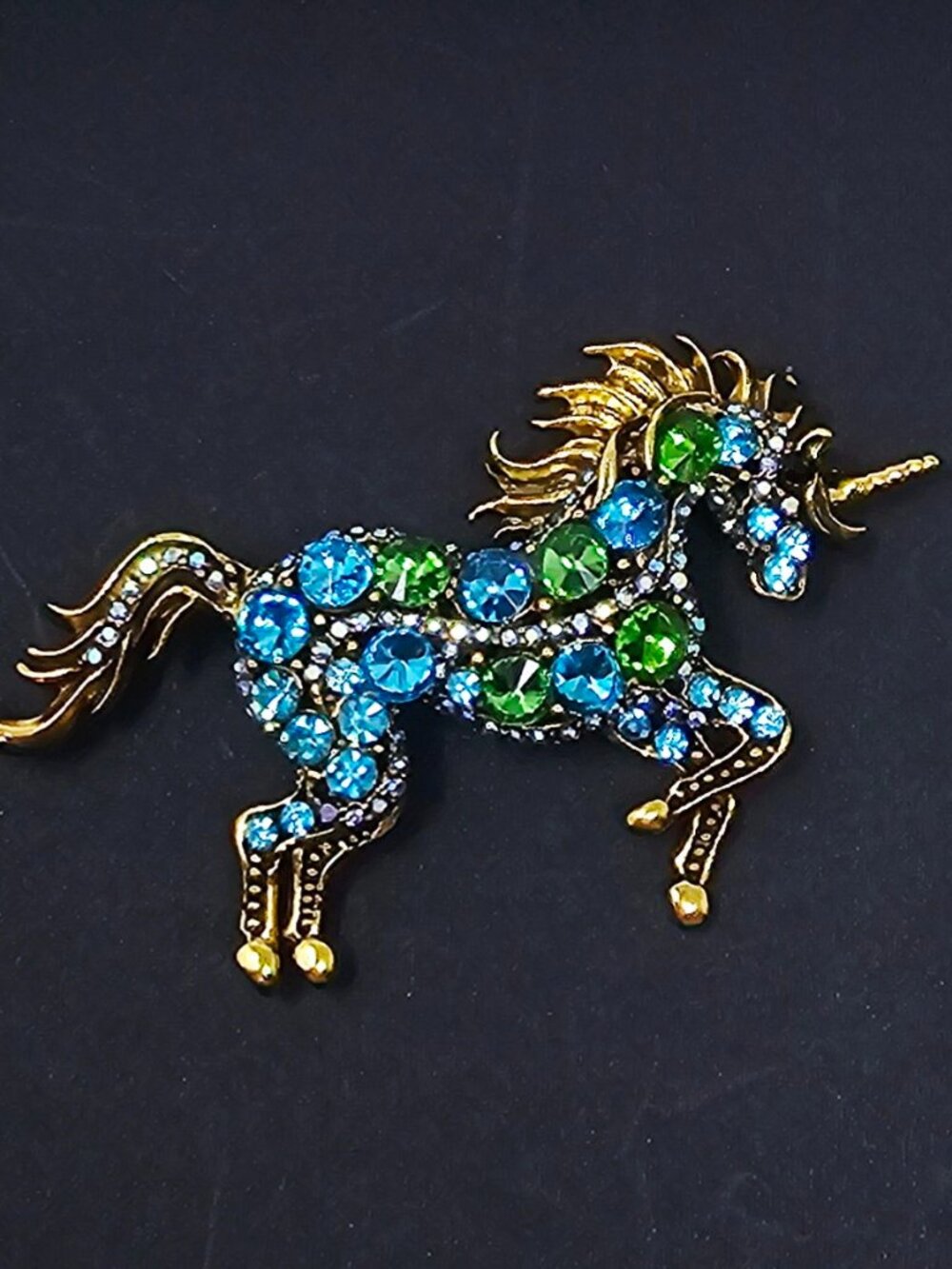 Vintage Style Unicorn Brooch Pendant Pin Rhinestones Green Blue Filigree